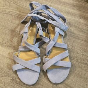 Splendid, women's blue suede open toed wrapped ankle strap casual sandals sz 7.5
